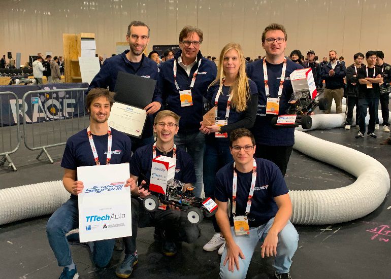 Group picture of the team after the race. Standing in the back from left to right: Univ.Ass. Dipl.-Ing. Andreas Brandstätter and Univ.Prof. Dipl.-Ing. Dr.rer.nat. Radu Grosu, Agnes Poks, Felix Resch; in the front from left to right: Fabian Kresse, Moritz Christamentl, Luigi Berducci.